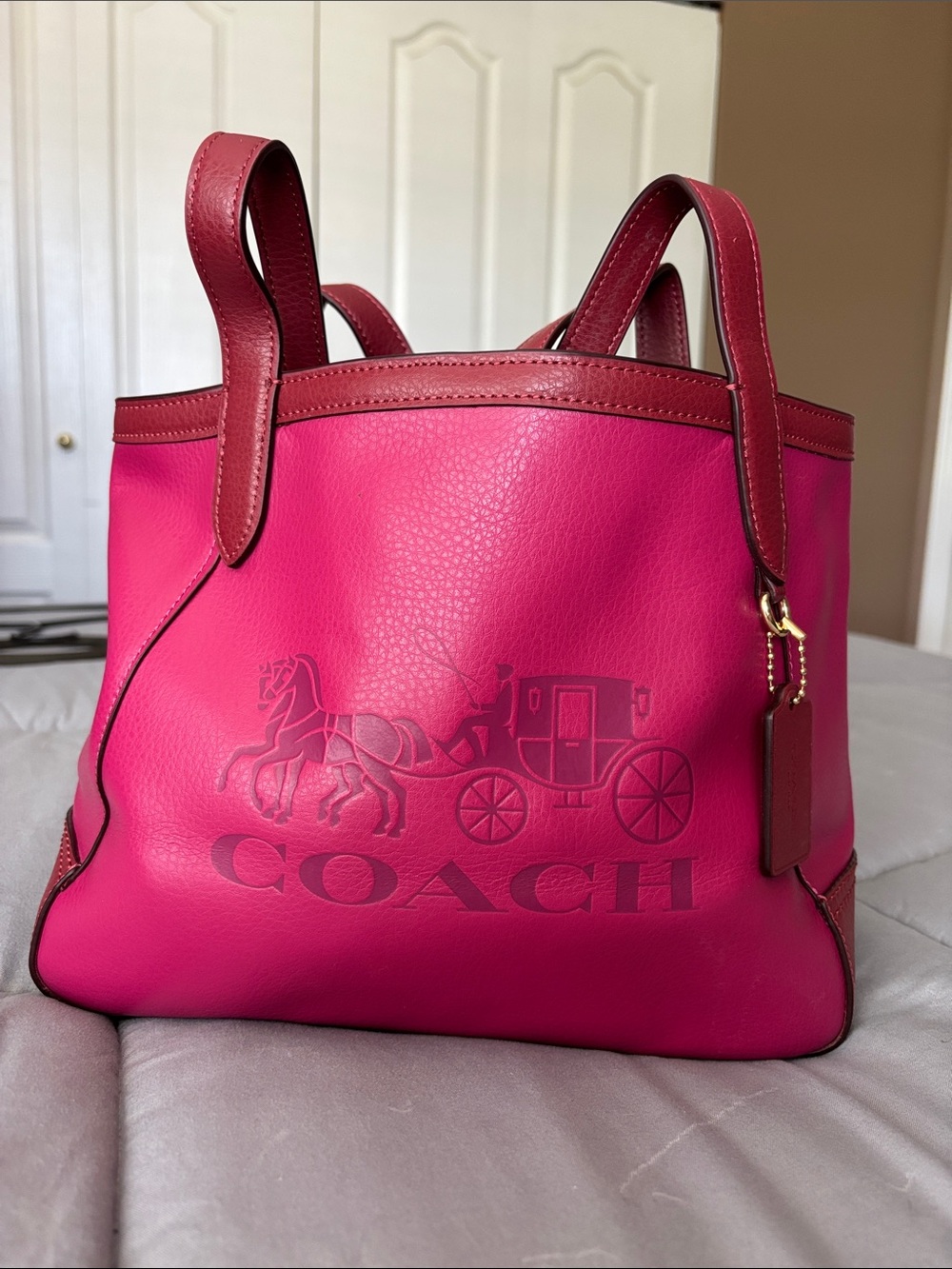 Coach Horse and Carriage Pink Leather Tote with Reddish Brown Trim